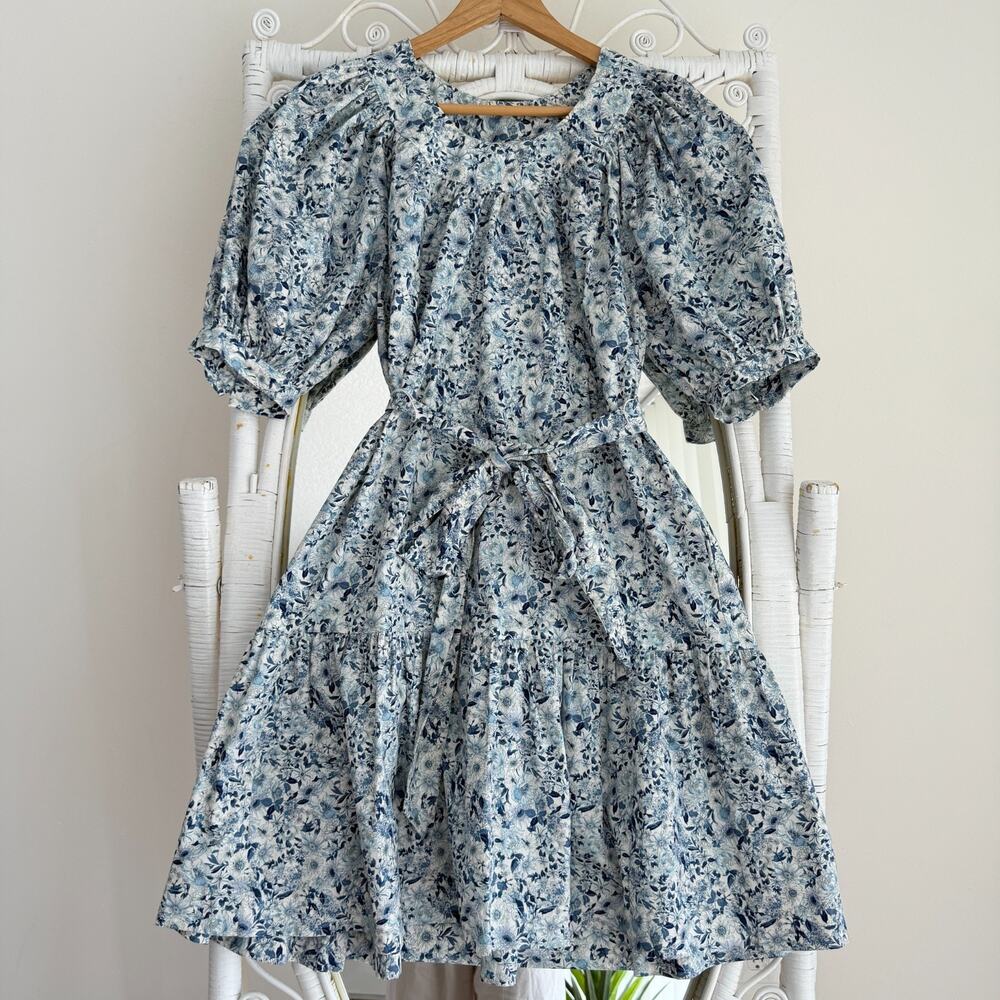 Sara Campbell Dress Medium Floral Puff Sleeve Cottage Prairie Toile De Jouy Boho